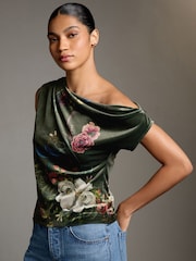 Dark Green Floral Kew Gardens Print Sleeveless Floral Asymmetric Drape Top - Image 1 of 7