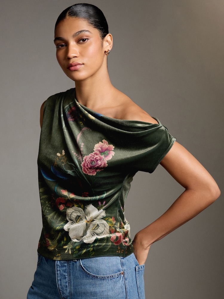 Dark Green Floral Kew Gardens Print Sleeveless Floral Asymmetric Drape Top - Image 1 of 7 Dark Green Floral Kew Gardens Print Sleeveless Floral Asymmetric Drape Top - Image 1 of 7