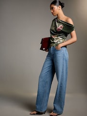 Dark Green Floral Kew Gardens Print Sleeveless Floral Asymmetric Drape Top - Image 2 of 7