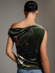 Dark Green Floral Kew Gardens Print Sleeveless Floral Asymmetric Drape Top - Image 3 of 7