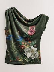 Dark Green Floral Kew Gardens Print Sleeveless Floral Asymmetric Drape Top - Image 5 of 7