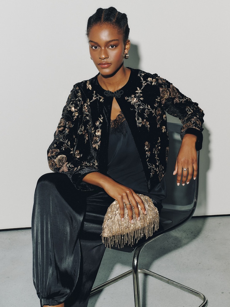 Black Long Sleeved Embellished Knot Fastening Jacket - Image 2 of 7 Black Long Sleeved Embellished Knot Fastening Jacket - Image 2 of 7