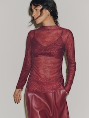 Wine Long Sleeved Embellished Mesh Top - Image 1 of 7