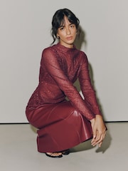 Wine Long Sleeved Embellished Mesh Top - Image 2 of 7