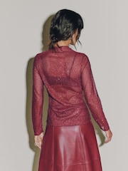 Wine Long Sleeved Embellished Mesh Top - Image 4 of 7