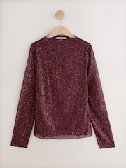Wine Long Sleeved Embellished Mesh Top - Image 5 of 7