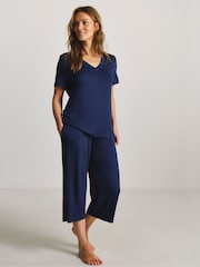 JD Williams Blue Viscose Lace Short Sleeve Culotte Pyjamas Set - Image 1 of 4