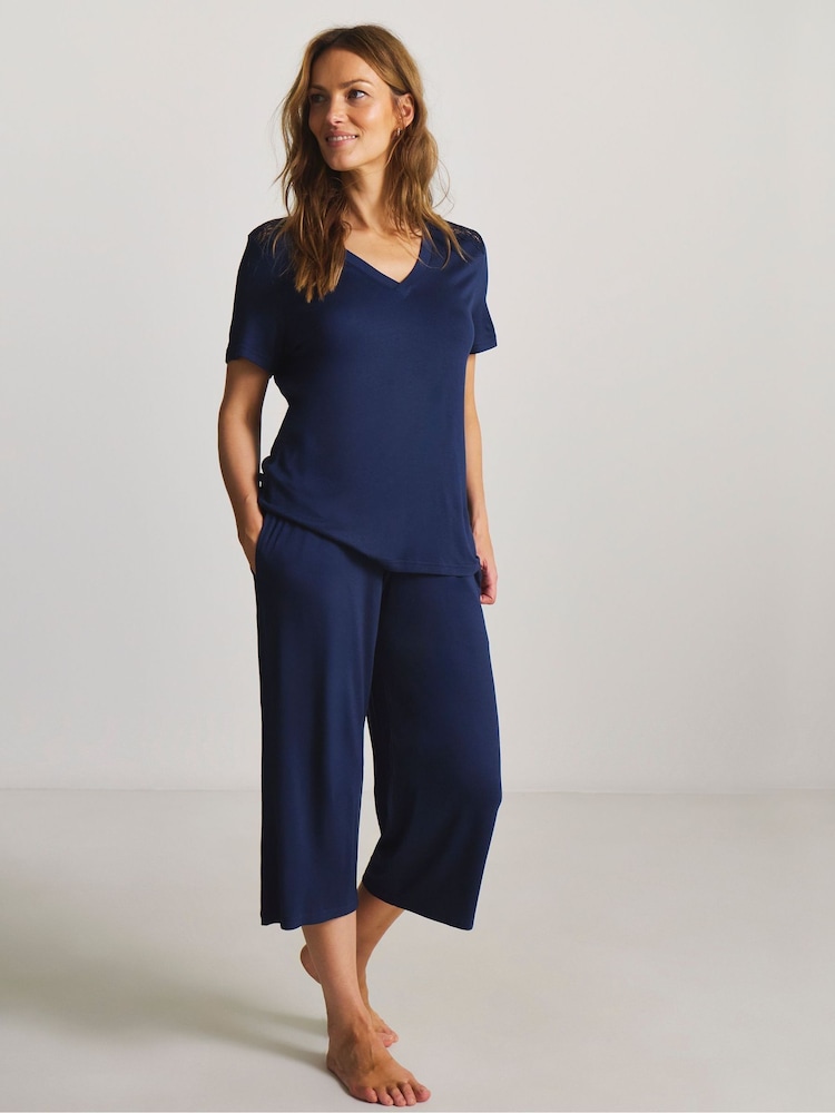 JD Williams Blue Viscose Lace Short Sleeve Culotte Pyjamas Set - Image 1 of 4