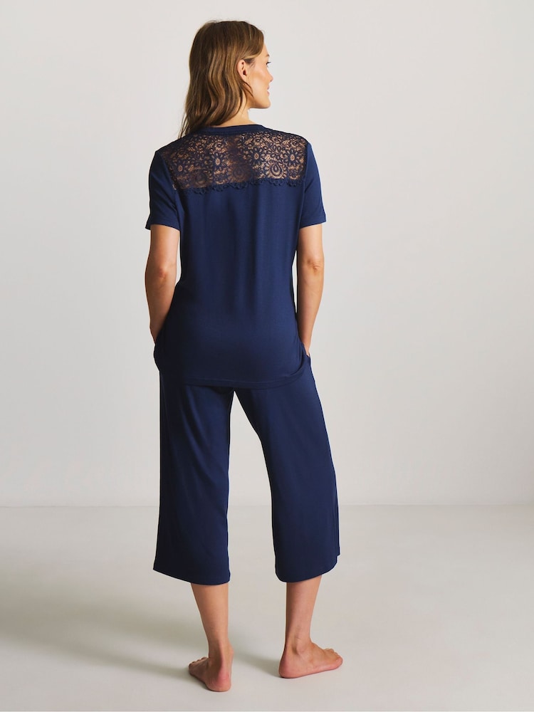 JD Williams Blue Viscose Lace Short Sleeve Culotte Pyjamas Set - Image 2 of 4