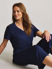 JD Williams Blue Viscose Lace Short Sleeve Culotte Pyjamas Set - Image 3 of 4