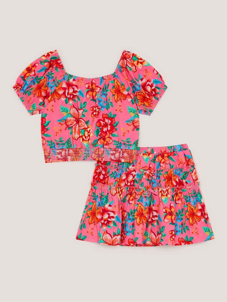 Monsoon Pink Tropical Floral Jersey Top & Skort Set - Image 1 of 2
