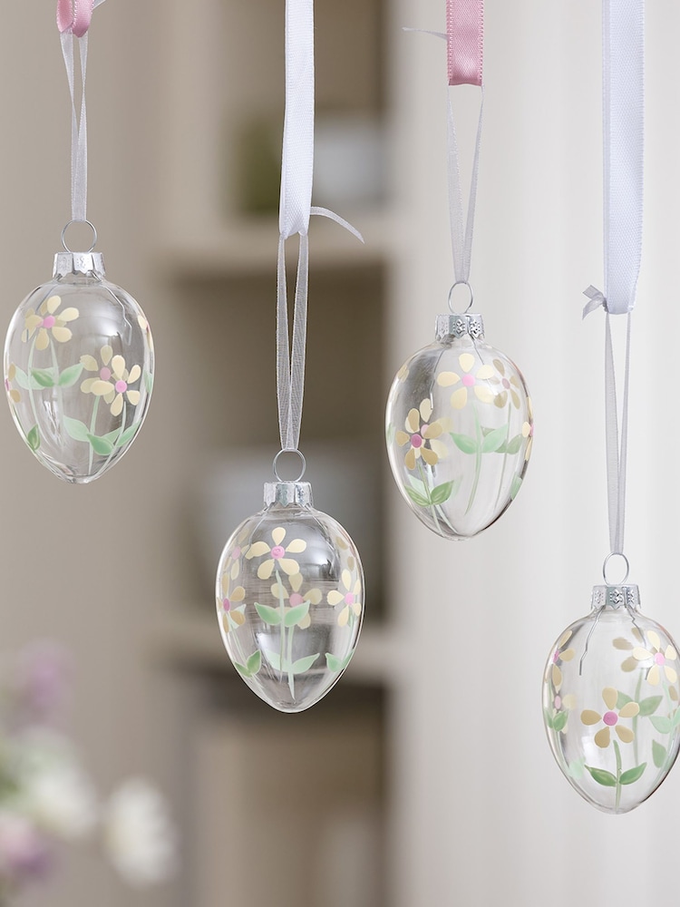 Lights4fun Set of 4 Clear Glass Eggs with Flower Design - Image 1 of 5