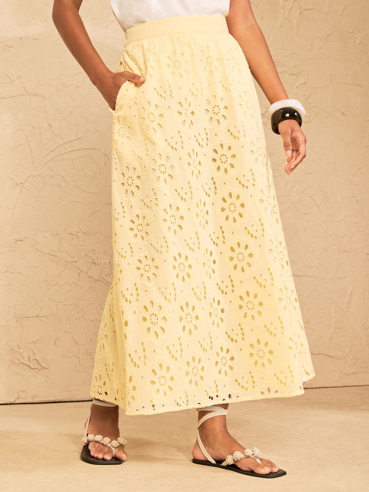 奶黃 - Love & Roses Broderie Midi Skirt - 圖片 1/5
