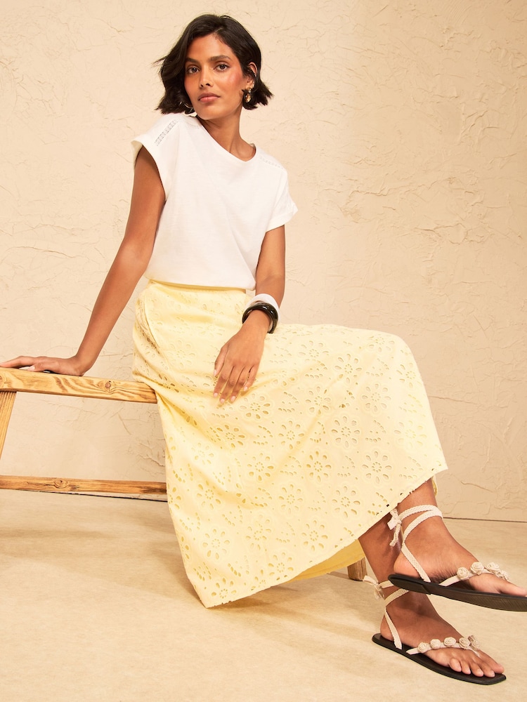 奶黃 - Love & Roses Broderie Midi Skirt - 圖片 2/5