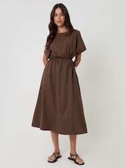 Threadbare Chocolate Kimono Sleeve Drawstring Waist Midi Dress - Image 1 of 4