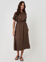 Threadbare Chocolate Kimono Sleeve Drawstring Waist Midi Dress - Image 3 of 4