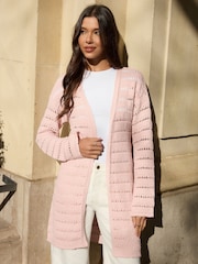 Threadbare Pink Pointelle Knit Longline Cardigan - Image 1 of 5