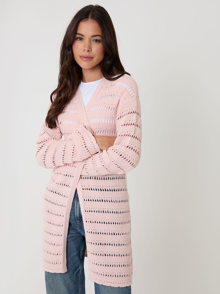 Threadbare Pink Pointelle Knit Longline Cardigan - Image 2 of 5