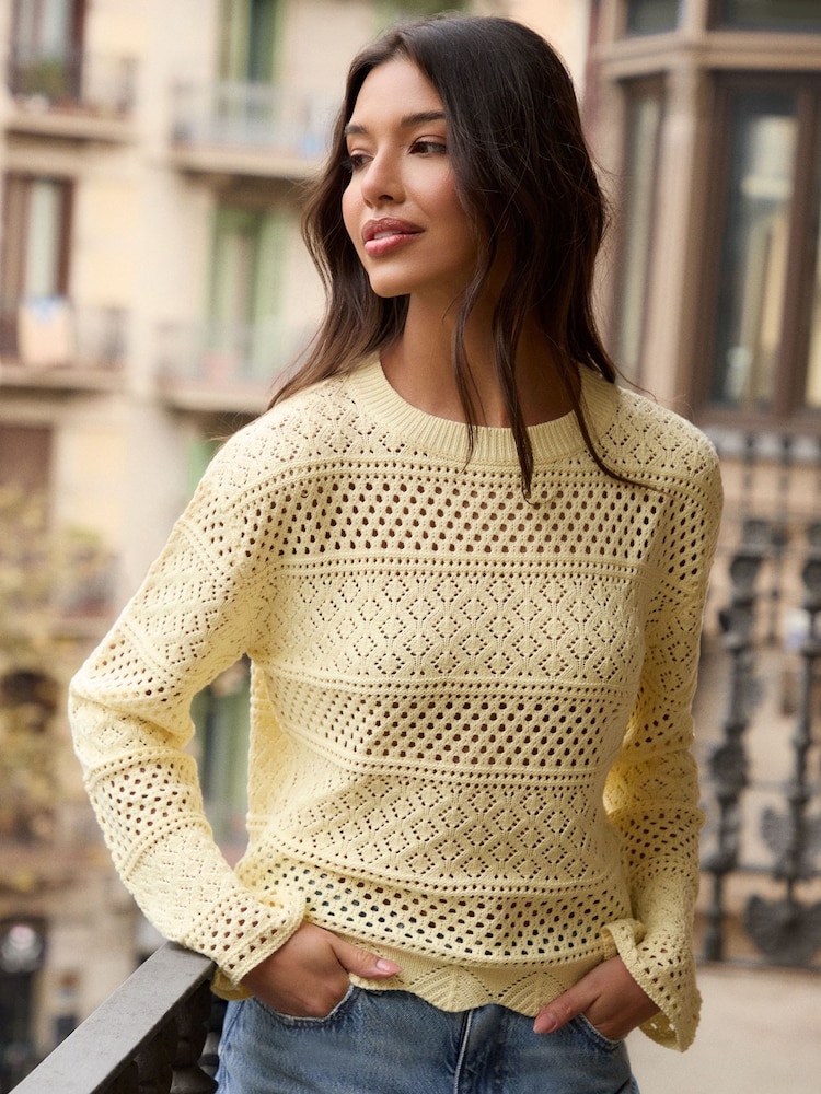 Threadbare Yellow Long Sleeve Pointelle Crochet Knit Jumper - Image 1 of 4 Threadbare Yellow Long Sleeve Pointelle Crochet Knit Jumper - Image 1 of 4