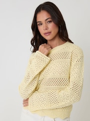 Threadbare Yellow Long Sleeve Pointelle Crochet Knit Jumper - Image 2 of 4