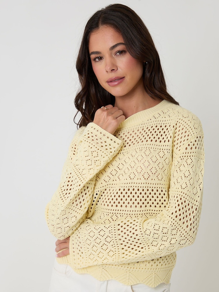 Threadbare Yellow Long Sleeve Pointelle Crochet Knit Jumper - Image 2 of 4 Threadbare Yellow Long Sleeve Pointelle Crochet Knit Jumper - Image 2 of 4