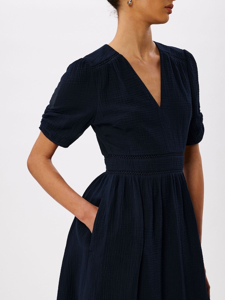 Whistles Blue Petite V-Neck Textured Midi Dress - Image 4 of 4