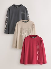 Baker by Ted Baker Stone/Red/Charcoal 3 Pack Long Sleeve Graphic T-Shirts - Image 1 of 10