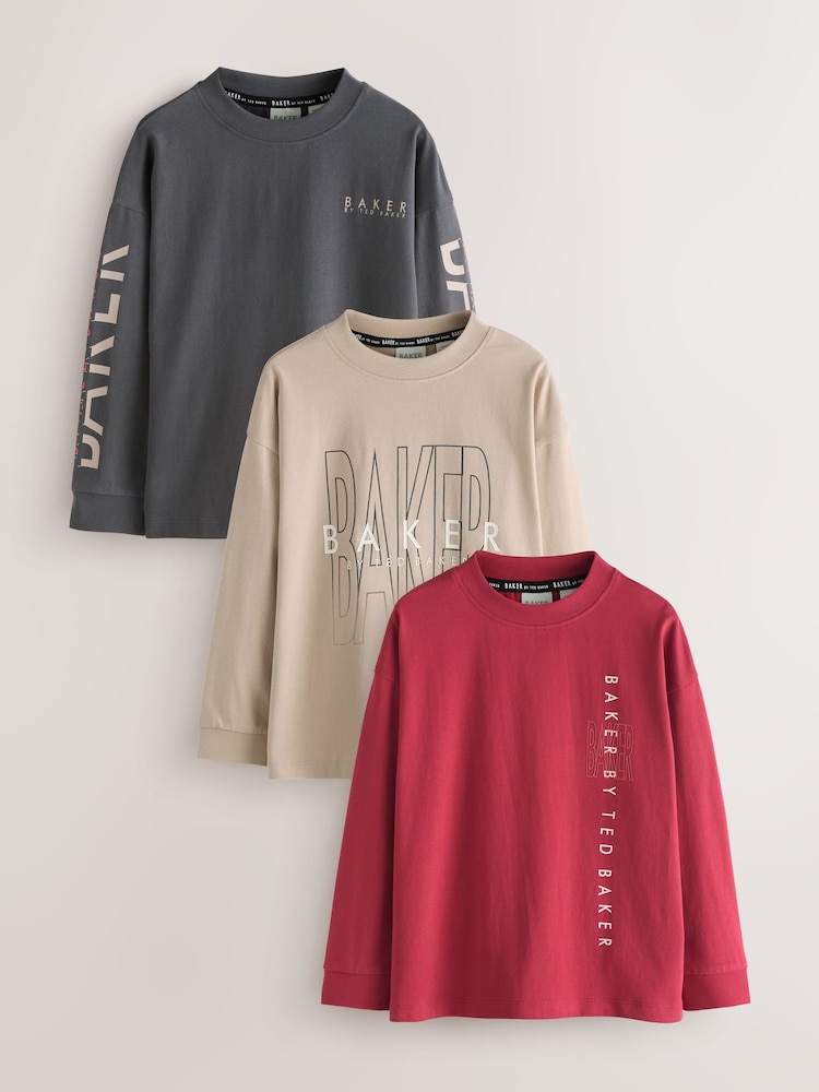 Baker by Ted Baker Stone/Red/Charcoal 3 Pack Long Sleeve Graphic T-Shirts - Image 1 of 10