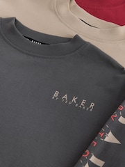 Baker by Ted Baker Stone/Red/Charcoal 3 Pack Long Sleeve Graphic T-Shirts - Image 7 of 10