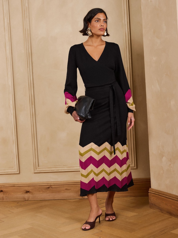 Love & Roses Black Wrap Front Zig Zag Striped Knitted Midi Dress - Image 1 of 5