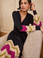 Love & Roses Black Wrap Front Zig Zag Striped Knitted Midi Dress - Image 2 of 5