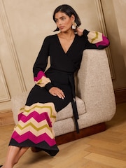 Love & Roses Black Wrap Front Zig Zag Striped Knitted Midi Dress - Image 4 of 5