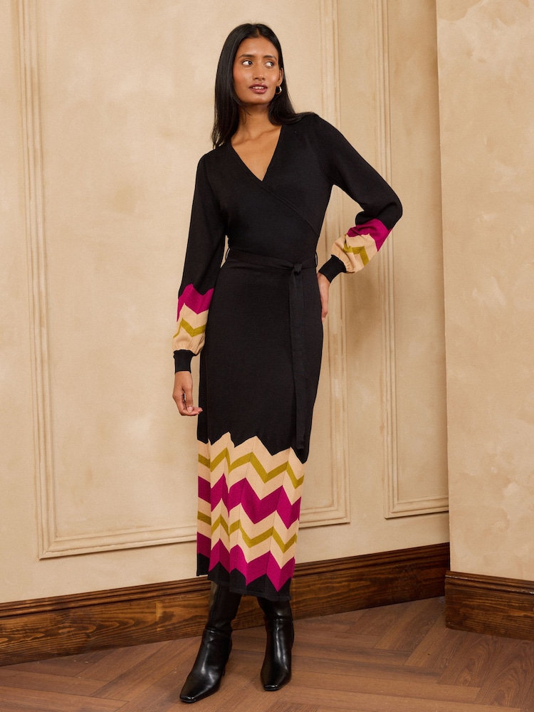 wrap knitted midi dress Womens Love & Roses Black Front Zig Zag Striped US 16 Spring 2022 Girls Dresses