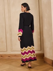 Love & Roses Black Wrap Front Zig Zag Striped Knitted Midi Dress - Image 5 of 5