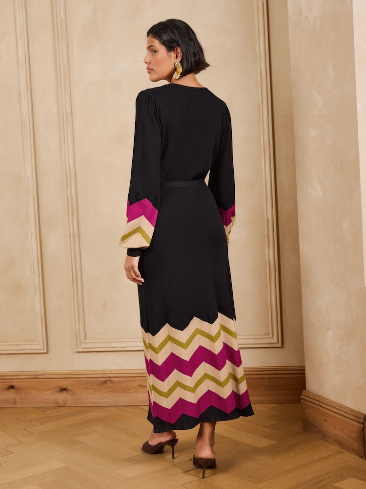 Love & Roses Black Wrap Front Zig Zag Striped Knitted Midi Dress - Image 5 of 5