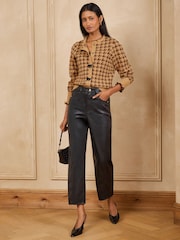 Love & Roses Camel Houndstooth Print Frilled Neck Bow Detail Knitted Cardigan - Image 3 of 5