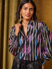 Love & Roses Black Metallic Button Through Long Sleeve Shirt - Image 1 of 6