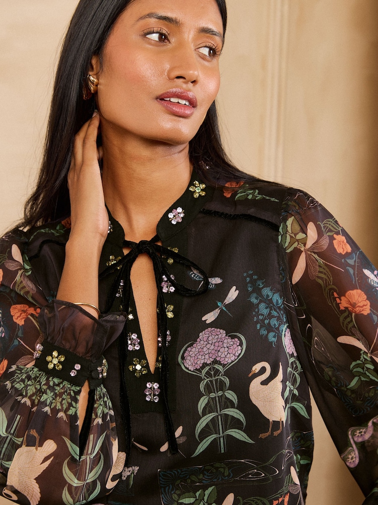 Love & Roses X V&A Black Floral Printed Embellished Notch Neck Blouse - Image 2 of 7 Love & Roses X V&A Black Floral Printed Embellished Notch Neck Blouse - Image 2 of 7