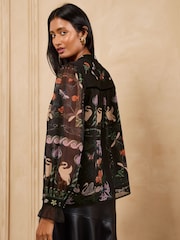 Love & Roses X V&A Black Floral Printed Embellished Notch Neck Blouse - Image 4 of 7