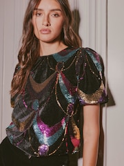 Love & Roses Sequin Velvet Short Sleeve Blouse - Bilde 1 av 4