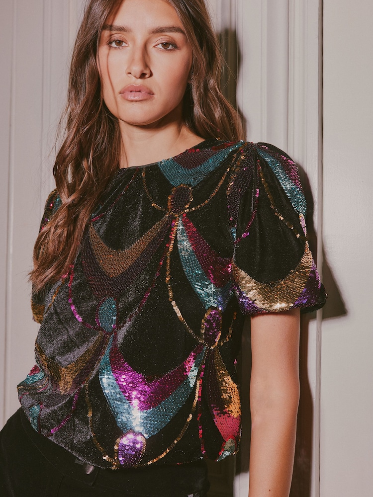 Love & Roses Sequin Velvet Short Sleeve Blouse - Bilde 1 av 4