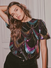 Love & Roses Sequin Velvet Short Sleeve Blouse - Bilde 2 av 4