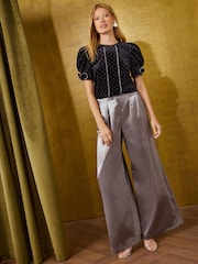 Love & Roses Black Velvet Diamante Detail Bow Puff Sleeve Top - Image 3 of 4