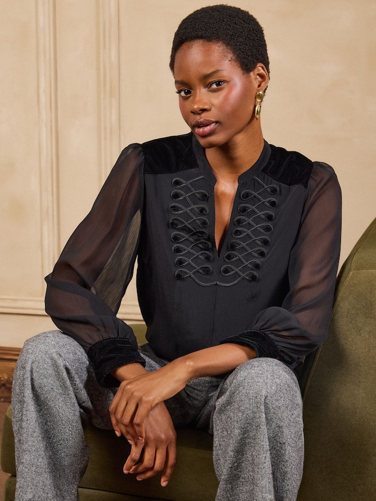 Love & Roses Black Knot Fastening Long Sleeve Blouse - Image 1 of 5 Love & Roses Black Knot Fastening Long Sleeve Blouse - Image 1 of 5