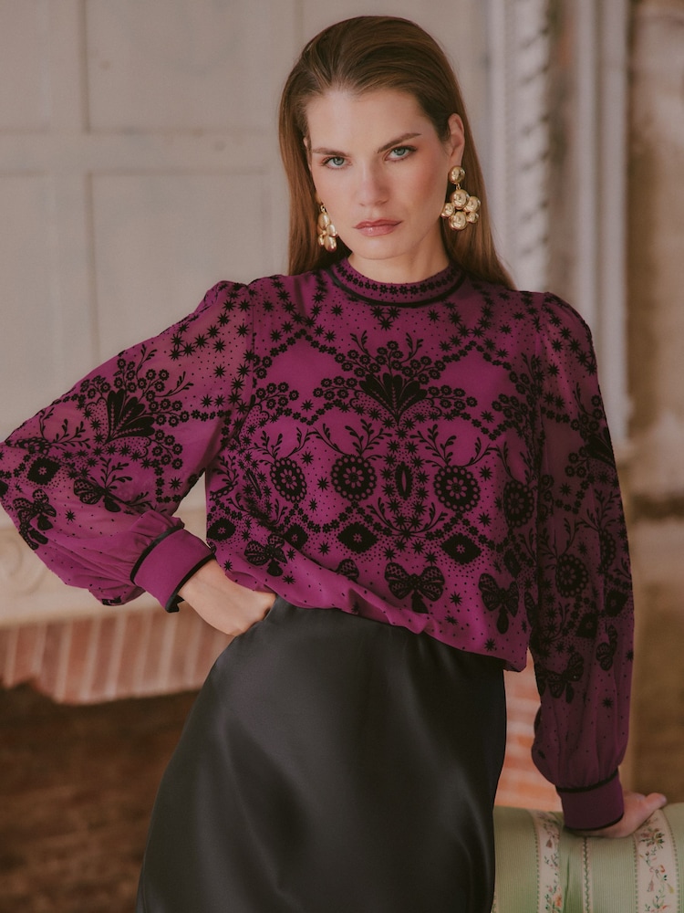 Love & Roses X V&A Fuchsia Pink Flocked Bow Blouse - Image 1 of 5