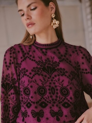Love & Roses X V&A Fuchsia Pink Flocked Bow Blouse - Image 2 of 5