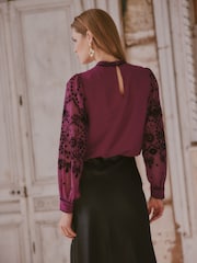 Love & Roses X V&A Fuchsia Pink Flocked Bow Blouse - Image 5 of 5