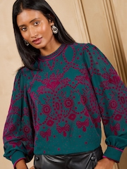 ירוק כהה - Love & Roses Flocked Bow Blouse - תמונה 1 מתוך 7