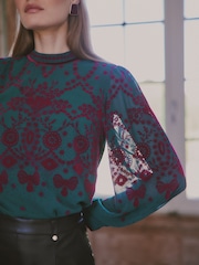 ירוק כהה - Love & Roses Flocked Bow Blouse - תמונה 2 מתוך 7