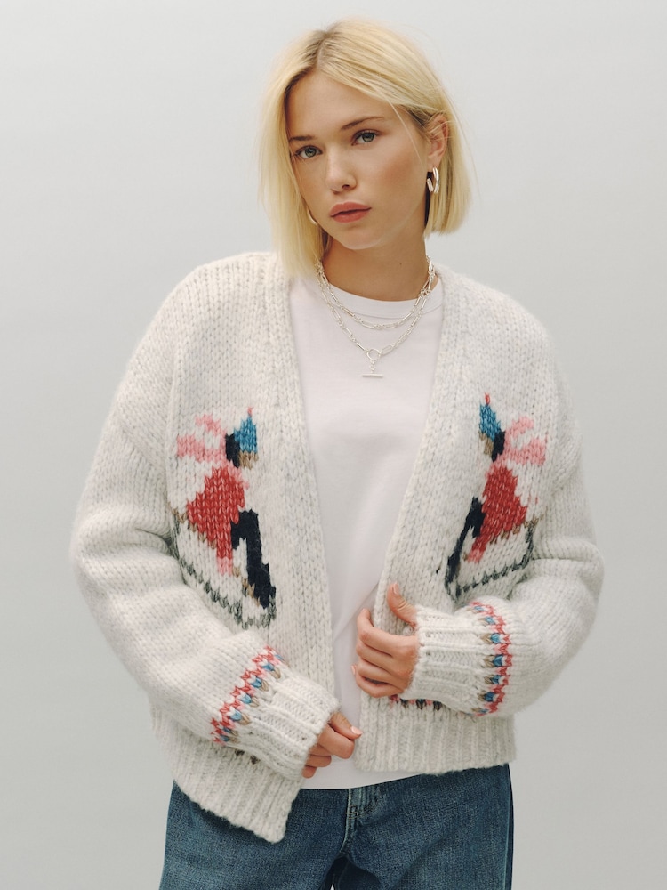 Light Grey Marl Ski Graphic Soft Touch Chunky Knit Open Cardigan - Image 2 of 4 Light Grey Marl Ski Graphic Soft Touch Chunky Knit Open Cardigan - Image 2 of 4